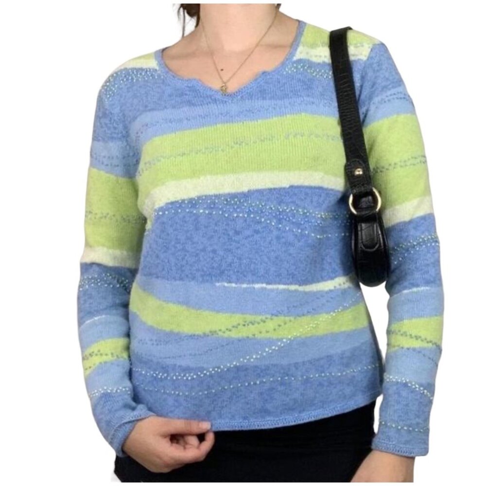 Talbots Blue and Lime Striped V-Neck Sweater